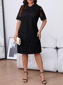 SHEIN Clasi Women's Peter Pan Collar Splicing Lace Sleeve Heterogeneous Fabric Contrasting Design Straight Fit Casual Slim Fit Short Sleeve Dress