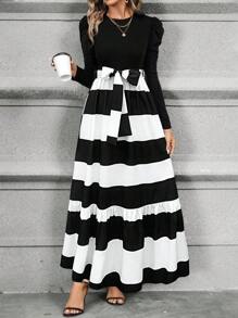 SHEIN PETITE Women Short Length Patchwork Floral Print Waisted Long Sleeve Dress, Autumn/Winter Maxi Women Outfit - Black and White - View 5
