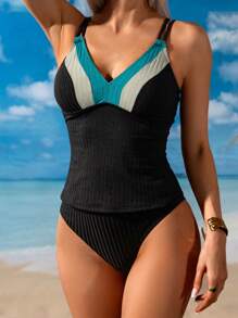 SHEIN Swim Women Casual Vacation Contrast Stripe Patchwork Tankini Swimwear Set For Summer Beach Vacation - Multicolor - View 3