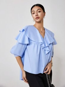 EastFlair Women's Casual Blue Ruffle Hem Blouse, Spring/Summer - Blue - View 5