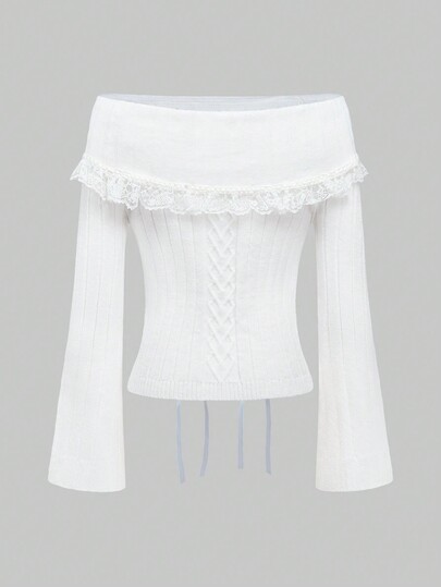 Kawaii Jersey casual para mujer con mangas largas y hombros descubiertos, con decoración de lazo