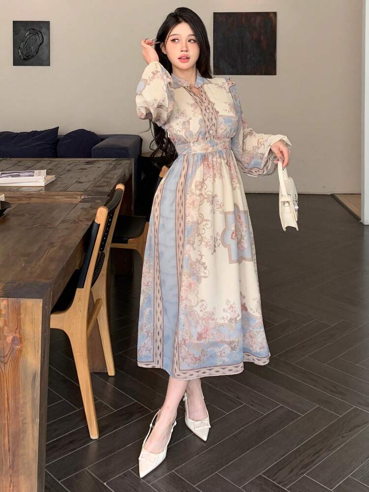 女性用Vネック ウエストシンチ ミディ丈ドレス フローラル&ジオ