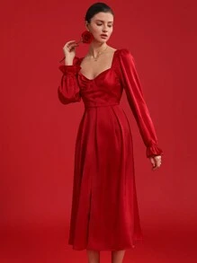 Revavyn Robe longue pour femme au col carré romantique à la française, sans manches avec manchettes, taille marquée et ourlet évasé - Rouge - Voir 6