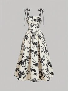 SHEIN PETITE Women's Apricot Bottom Black Silhouette Floral Print Suspender Black And White Dress