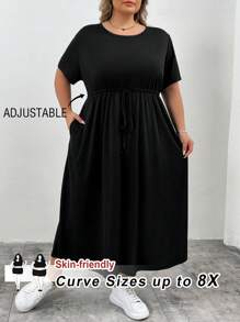 SHEIN CURVE+ Plus Size Women Summer Casual Black Belted Waist Loose Dress With Pockets, Long Sleeve