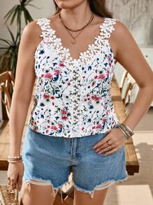 SHEIN LUNE Top de style camis à fleurs ditsy et garniture de dentelle, tops d'été bohèmes élégants de vacances pour femmes, tenues de vacances, vêtements d'été des années 90, tenues d'été pour femmes, tenues de villégiature, tops d'été pour femmes, tenues de vacances, porter de tous les jours stylé