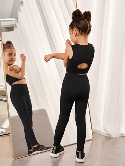SHEIN 2 piezas Conjunto para niña joven con chaleco sin mangas de punto liso + pantalones casuales a juego, conjunto deportivo