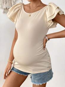 SHEIN Maternity Double Ruffle Hem Round Neck Short Sleeve Casual T-Shirt