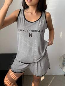 DAZY Set de pijama de 2 piezas para mujer con estampado gráfico y ribete de contraste de color sin mangas