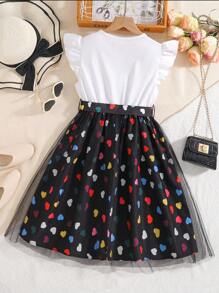 1pc Girls Colorful Heart & Cute Girl Portrait Print Cap Sleeve Mesh Dress, Teens - Multicolor - View 2