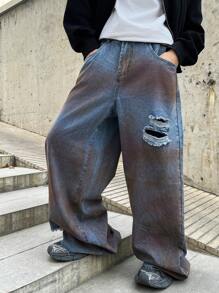 Manfinity EMRG Pantalones vaqueros holgados, anchos y desgastados con bolsillos para hombre