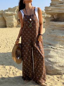 DAZY Women's Spaghetti Strap All-Over Print Casual Jumpsuit, Loose Fit Women Rompers Vacation Outfits Women - Brown - View 5