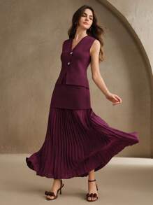 Anewsta Conjunto de chaleco de punto monobotonado y falda midi de punto plisada de unicolor para mujeres, vintage elegante para uso diario en la oficina