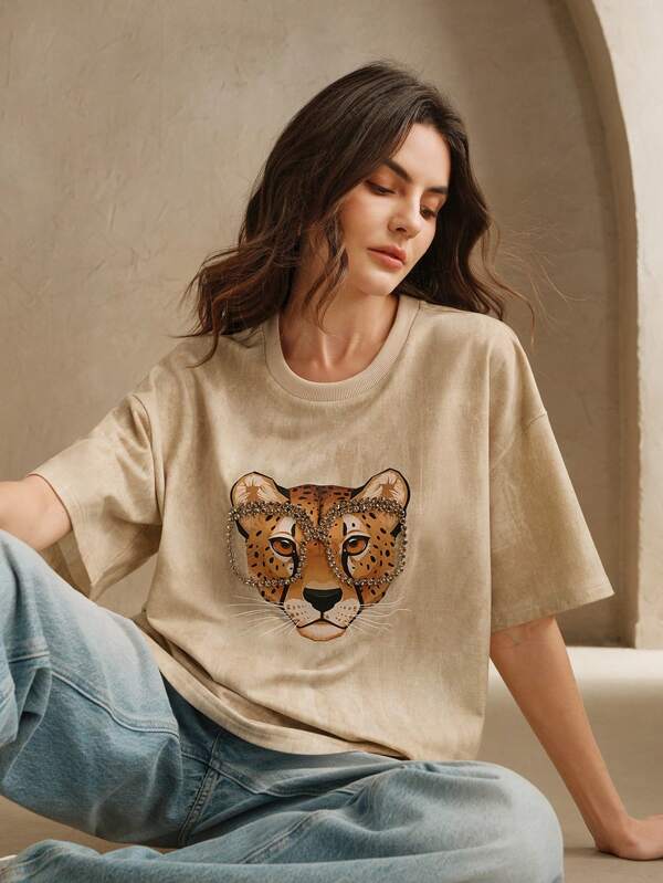 Anewsta Tricou de damă modern, retro, spălat cu nisip, cu cap de leopard, cu unghii, cu gât rotund, cu mânecă scurtă