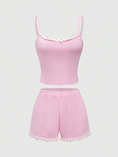 Kawaii Basic Rib Knit & Lace Patchwork Camisole Shorts Pajamas Set For Women