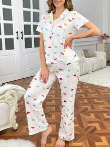 Conjunto de pijama de mujer con estampado de dinosaurio en bloques de color lindo Ins, de manga corta