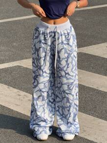 Comfortcana Women's Summer Casual Solid Color Lace-Up Patchwork Loose Sweatpants - Pink - View 6