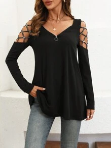 SHEIN LUNE Camiseta casual de mujer con manga hueca y adorno de strass con cremallera