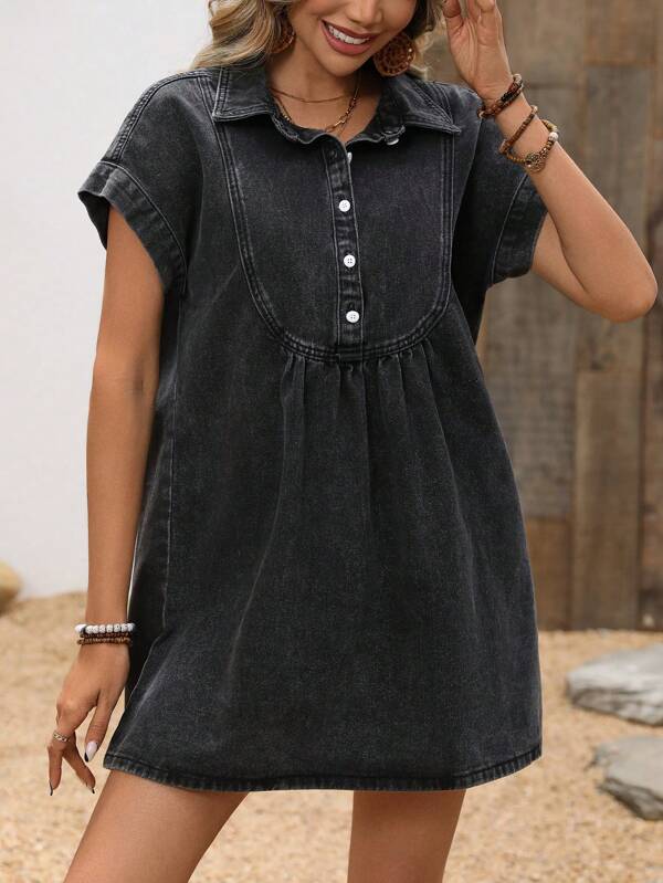 Breezaya Rochie cu guler din denim pentru femei la modă, învechită și măgulitoare