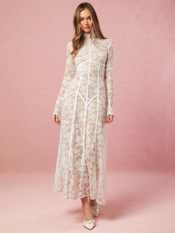Enchnt Spring Summer Romantic Sweet Women's Floral Lace Stand Collar Long Sleeve Sexy Dress,For Valentine's Day&Holiday&Sweet Date&Daily Commuting
