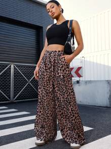 SHEIN LUNE Women's Leopard Print Ruched Waist Wide Leg Pants Fall Cloth For Women - Brown - View 6