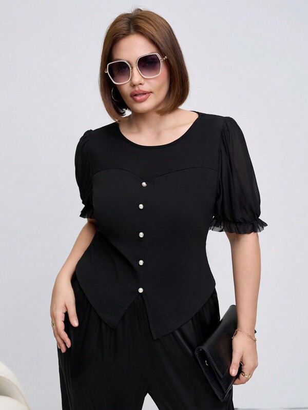 Chikora Plus Size Solid Color Mesh Patchwork Front Button Short Sleeve Casual Elegant Blouse,Summer Outfits For Women