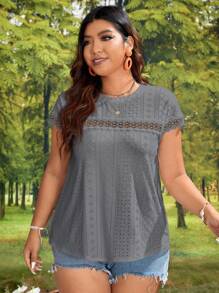 SHEIN VCAY Plus Size Boho Solid Color Round Neck Short Sleeve Ruffle Trim Casual T-Shirt, For Summer