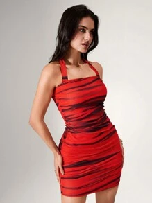 Zolique Vestido halter de mujer ajustado con pliegues a rayas