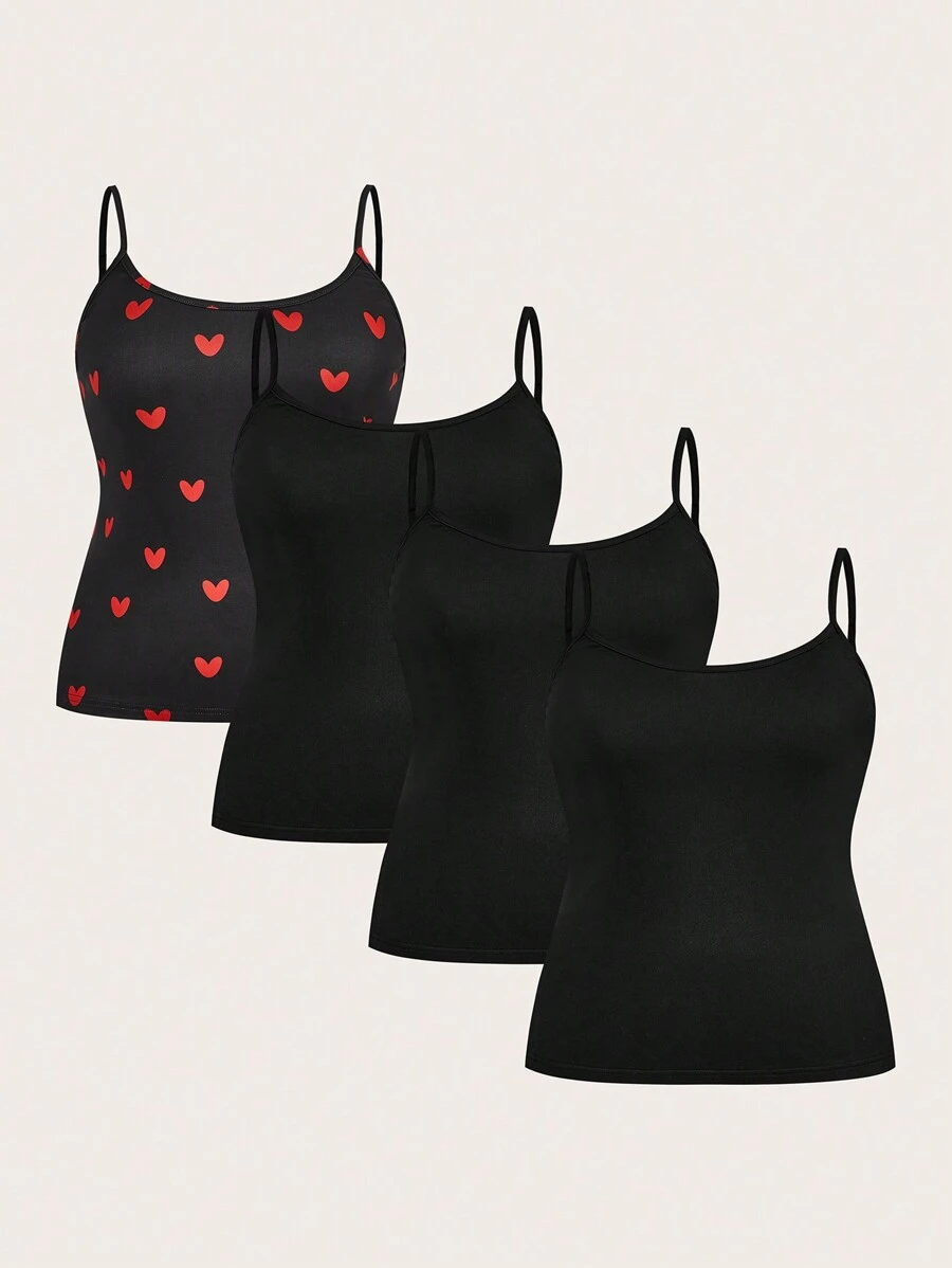 SHEIN Essnce Plus Size Women Heart Print & Solid Color Casual Camisole For Summer