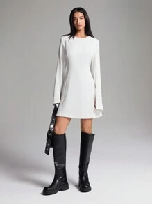 LYSMO Women's Solid Color Round Neck Side Slit Long Sleeve Casual Dress - White - View 1