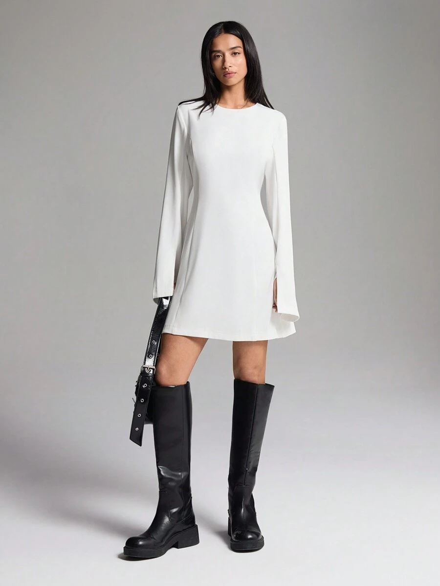 LYSMO Women's Solid Color Round Neck Side Slit Long Sleeve Casual Dress - White - View 1