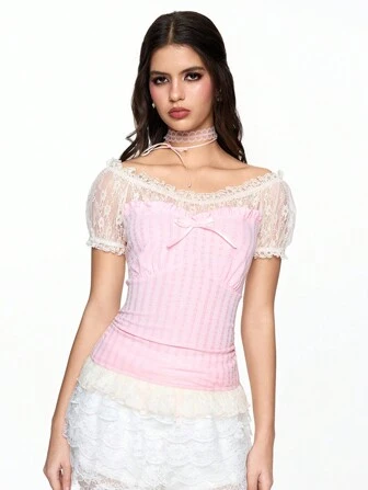 Kawaii Women's Cute 2 In 1 Lace Splice Bow T-Shirt