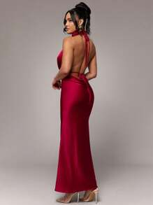 Silquee Robe élégante, sexy et romantique pour une soirée, col drapé en satin Top de gamme avec fleurs 3D pour femmes - Rouge - Voir 3