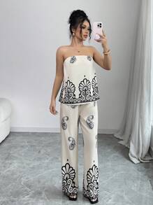 Calvaya 2pcs/Set Women Elegant Resort Floral Print Camisole And Pants Set