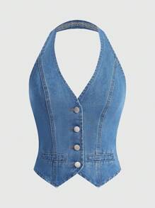 SHEIN MOD Women's Denim Sleeveless Halter Cropped Top, Blue, Casual Fitted, Vintage