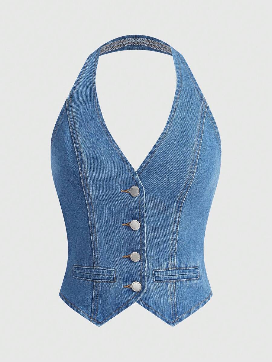 SHEIN MOD Women's Denim Sleeveless Halter Cropped Top, Blue, Casual Fitted, Vintage