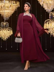Modelyn 女士长袖简约外套和连衣裙休闲两件套 - 酒紅色 - 查看 5