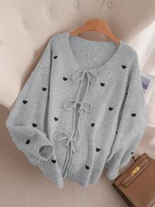 CosyJoli Plus Size Women Heart Pattern Knit Cardigan Sweater, French Elegant Fashion Autumn Winter Outerwear - Grey - View 3