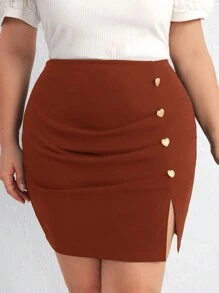 SHEIN Privé Jupe moulante avec fente, ornée de cœurs, de couleur unie, pour grande taille, style décontracté