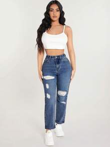 SHEIN PETITE Casual Distressed Tapered Fit Jeans - Dusty Blue - View 3
