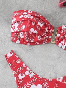 Swim Mod Women Flower Print Simple Bandeau Bikini Top And Bottom Set, For Summer Beach Vacation - Red - View 4