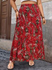 Breezaya Plus Size Women Printed Textured Design Ruffle Detail Skirt, Suitable For Vacation And Daily Commute