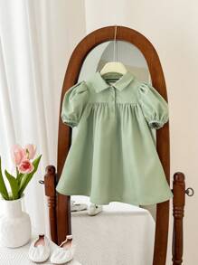 SHEIN LMoss Kids 女婴可爱绿色短袖领子连衣裙，夏季 - 綠色 - 查看 2