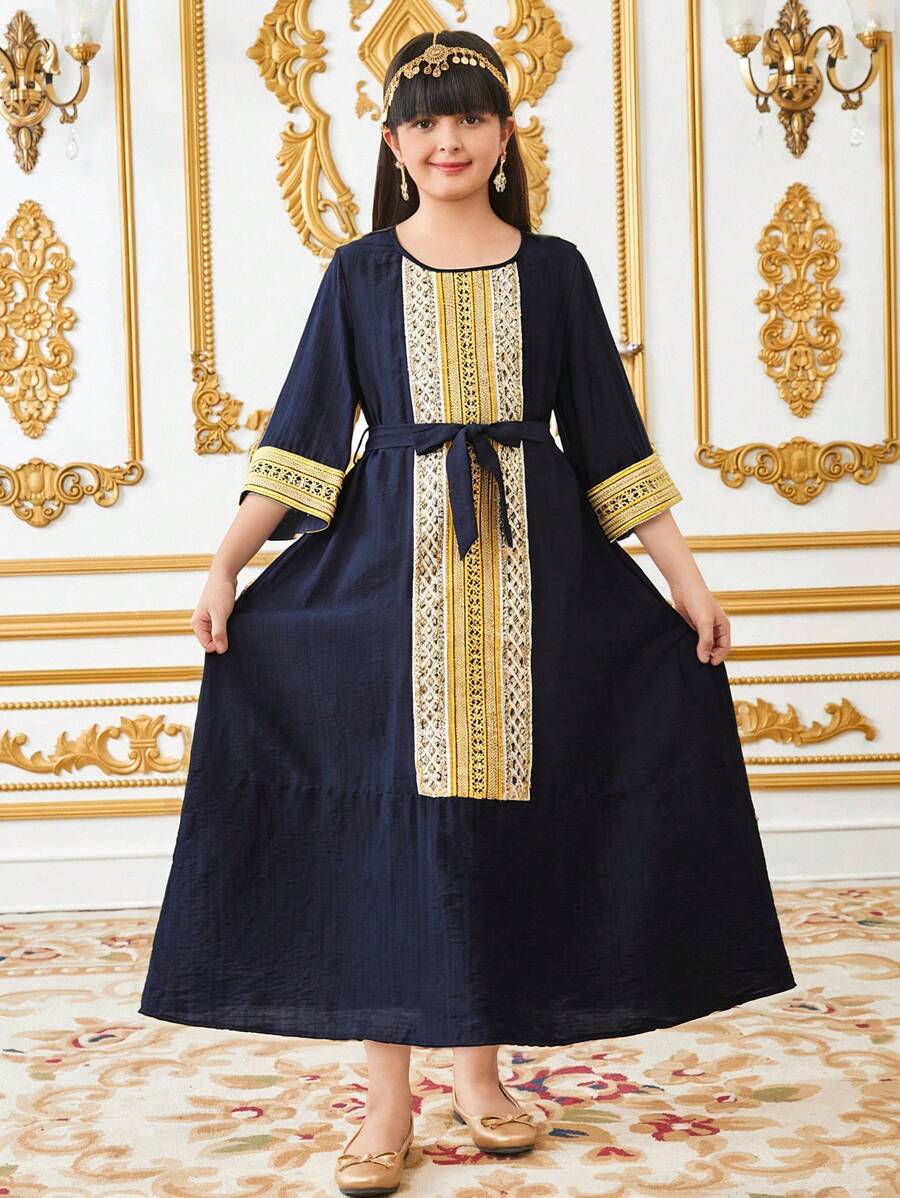 SHEIN Tween Girls' Loose Pattern Drawstring Decor 3/4 Sleeve Casual A-Line Dress