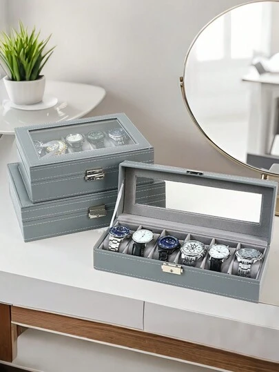 1PC 6/10/12 Slots Lockable Leather Jewelry & Watch Storage Box – Luxury Watch Holder Display Case Organizer With Secure Lock, Glass Lid – Valentine's Day Gift For Men, Women Watch Box, Jewelry Organizer, Gift Ideas For Him/Her