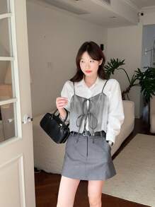 DAZY 女式外套吊带背心，配闪亮蝴蝶结，秋冬 - 灰色 - 查看 6