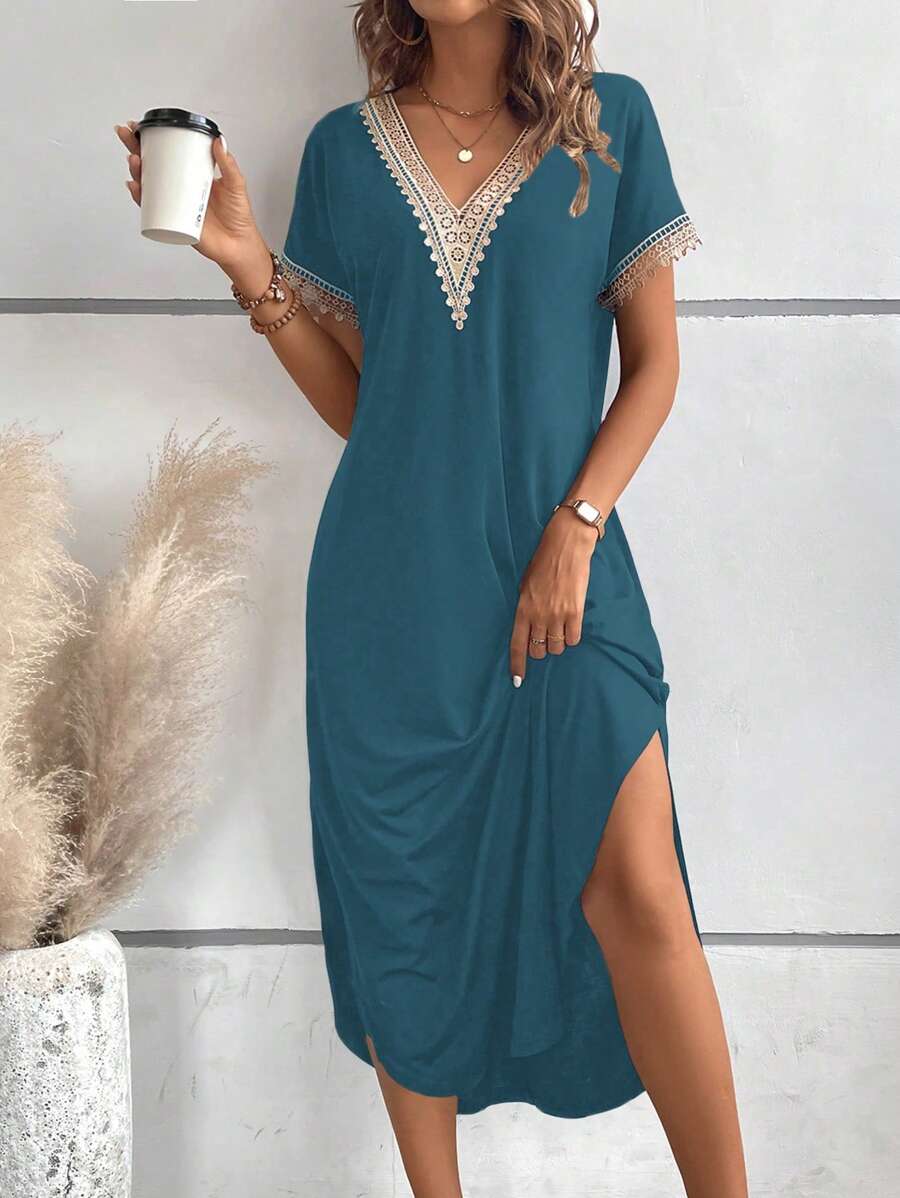 EMERY ROSE Đầm Maxi Phối Ren Guipure Chia Đùi Áo Thun Trang Phục Nữ - Màu xanh lam - Xem 1