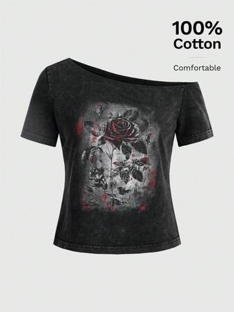 Goth T-shirt à col asymétrique avec imprimé rose pour femme, école
