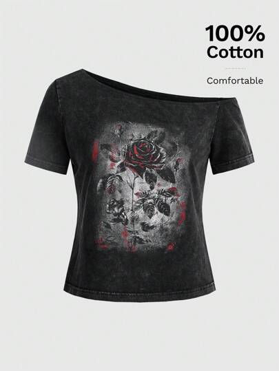Goth T-shirt à col asymétrique avec imprimé rose pour femme, école
