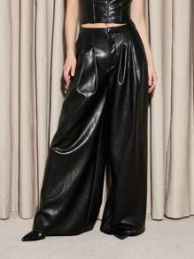 AiiRZ Luxury Faux Leather Bustier Crop Top And Wide Leg Palazzo Pants Set Evening Party Club Night Out Statement Two-Piece Outfit Fashion Forward Set